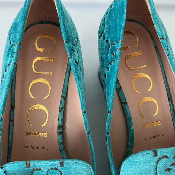 NEW! GUCCI Shoes Velvet Gg Sylvie Chain Detail Mid-Heel Square loafers 9… - Picture 12 of 16